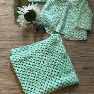 Crochet Baby Layette Jacket/Sweater & Blanket Set Baby Girl/Boy Unisex Green